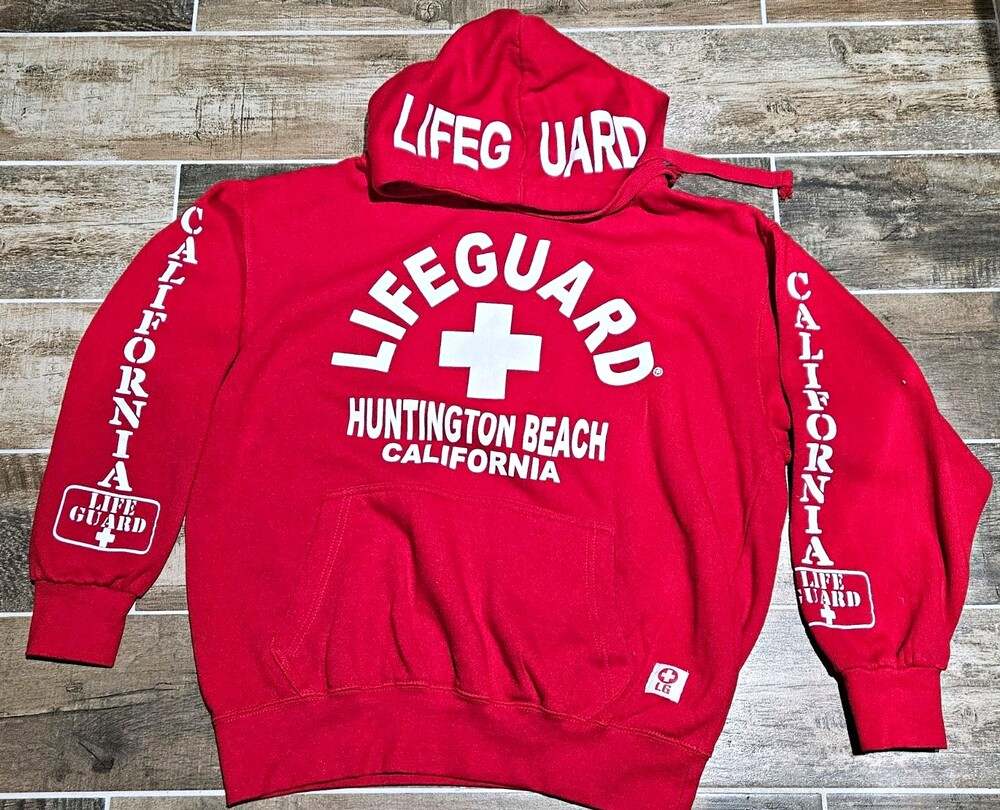 Lifeguard Red Pullover Hoodie Huntington Beach CA Graphic Logo Fleece Mens M